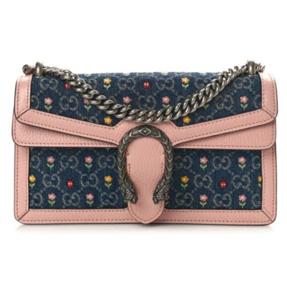 New Denim Floral Embroidered GG Monogram Dollar Calfskin Small Dionysus Bag - Picture 1 of 13